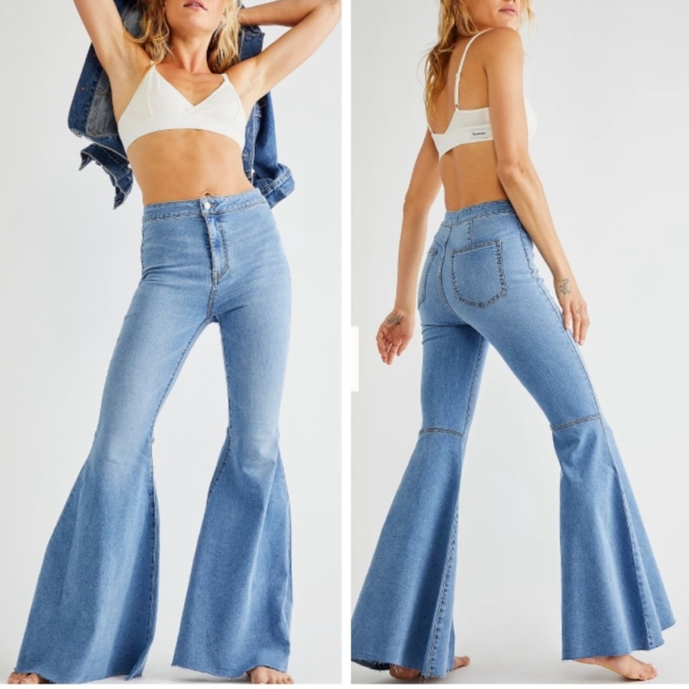 Free People Just Float On Blue High-Rise Flare Bell Bottom Jeans